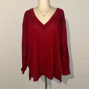 Torrid Red-Burgundy Lace Sleeve Waffle Knit Top